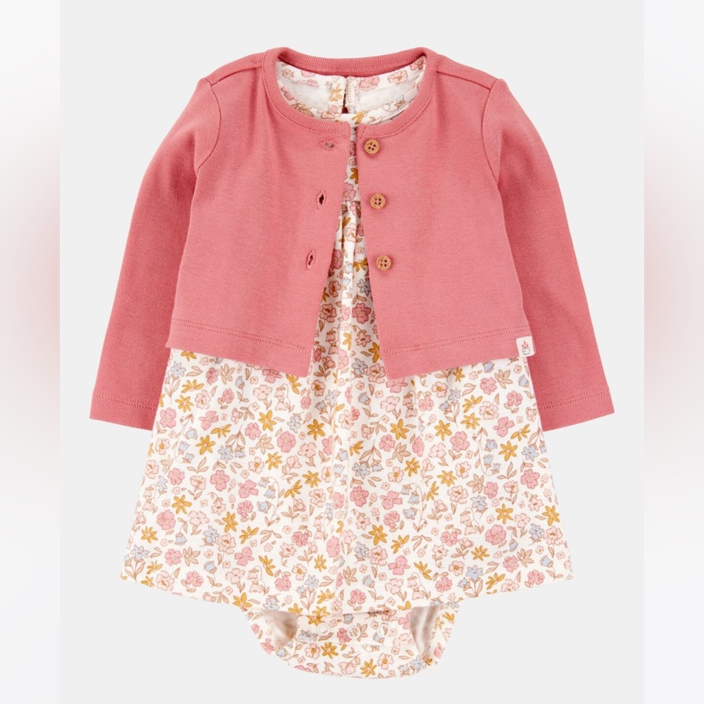 Carter's Pink Floral Flutter Sleeve Bodysuit Dress and Cardigan Set